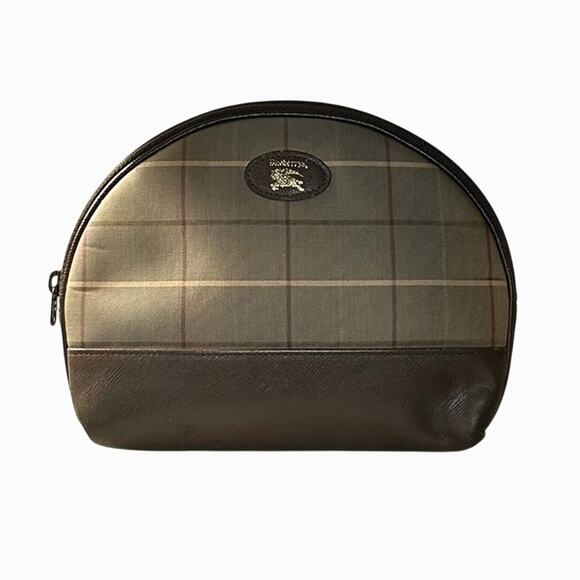 Authentic Vintage Burberrys Brown Leather and Plaid Zip Pouch - Picture 1 of 5
